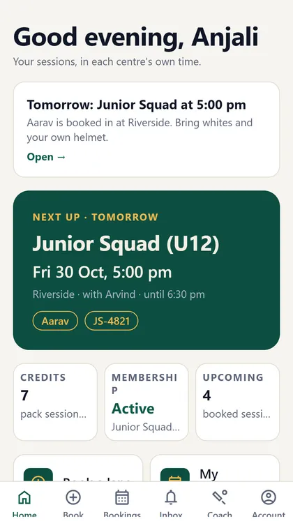 Elite One Cricket Home screen: the next session, credits, membership and upcoming bookings for an invented family.