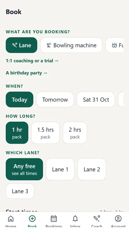 Elite One Cricket Book screen: choose a lane or bowling machine, the day, the length and the lane.