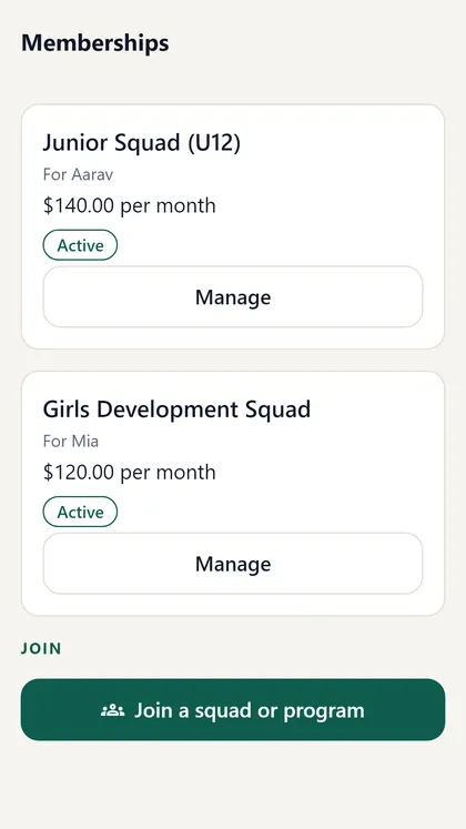 Elite One Cricket Memberships screen: two active squad memberships with a Manage button each.